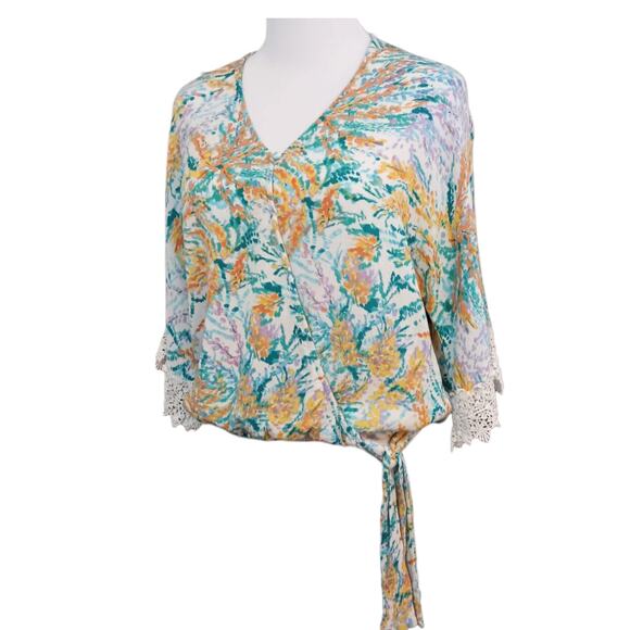 WIT & WISDOM Gauzy Top Wrap Blouse S Floral Crochet Lace Cottage Beach Hip Tie - Picture 7 of 8